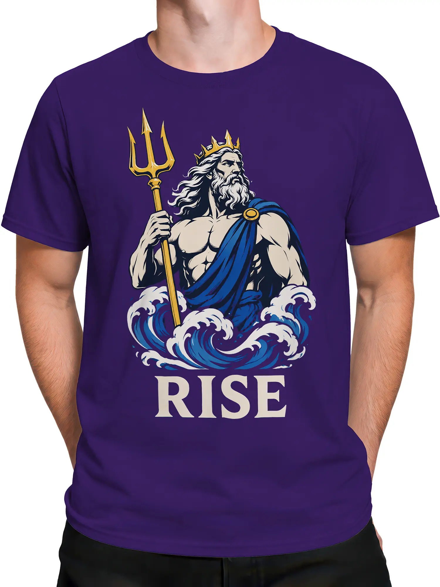 Male torso wearing purple Poseidon graphic tee with golden trident and ocean wave artwork