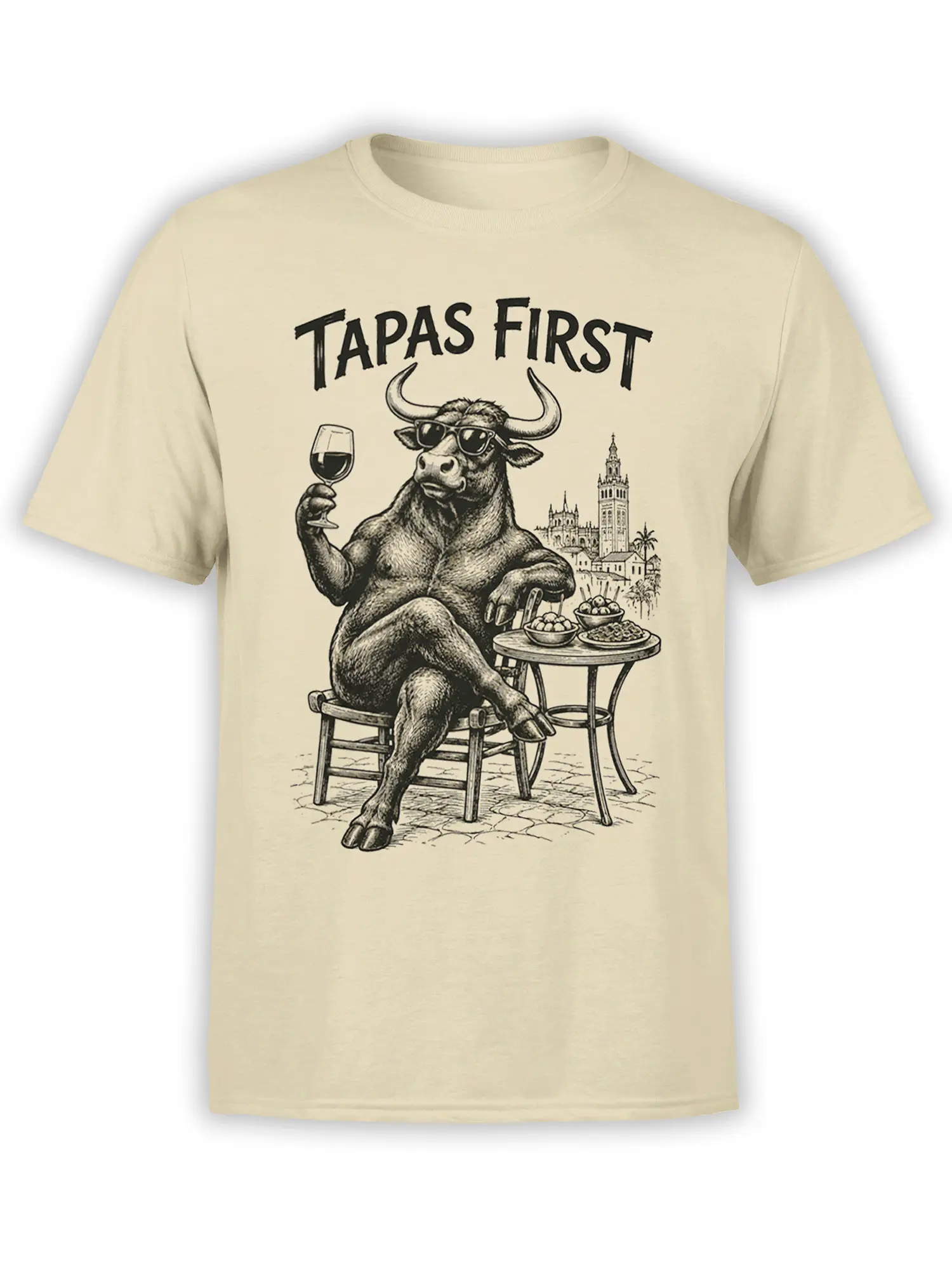 Beige T-shirt with a vintage bull in sunglasses holding wine beside tapas under TAPAS FIRST text