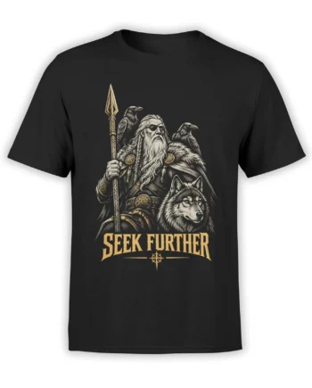 Black Odin mythology T-shirt with spear, two ravens, wolf, and Seek Further lettering