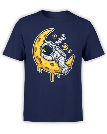 Sleeping astronaut resting on a yellow crescent moon with stars and ZZZs on a navy T-shirt
