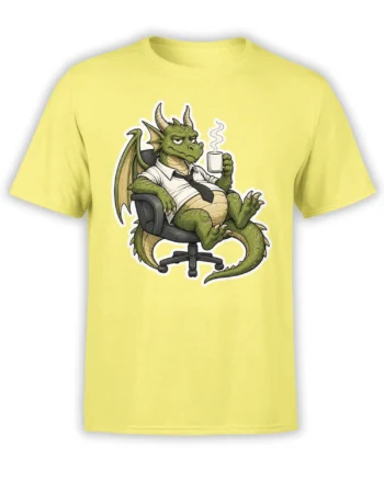 Green dragon in a tie holding coffee while seated in an office chair on a yellow T-shirt