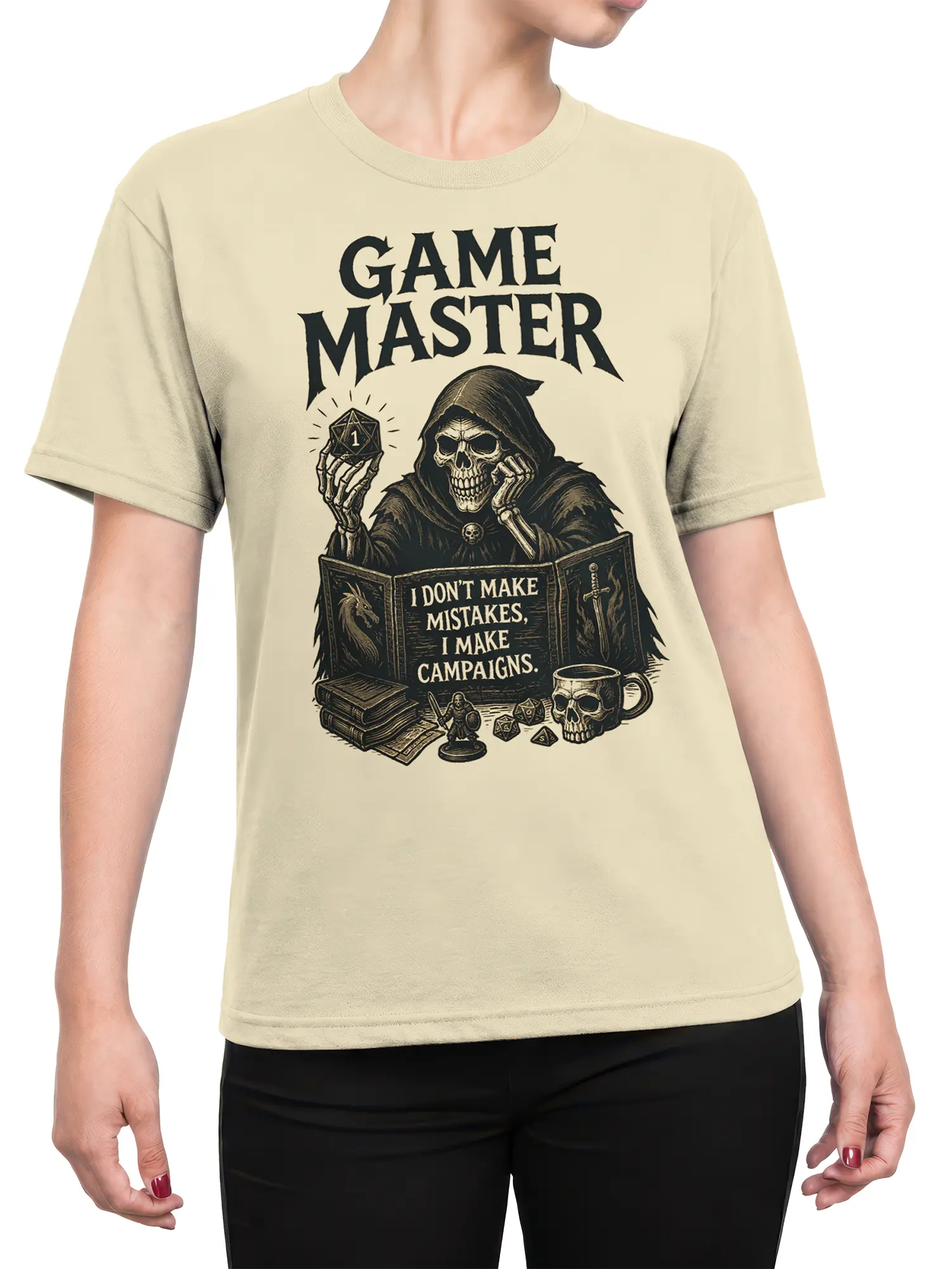 Female torso wearing a beige game master T-shirt with hooded skeleton and tabletop RPG campaign artwork