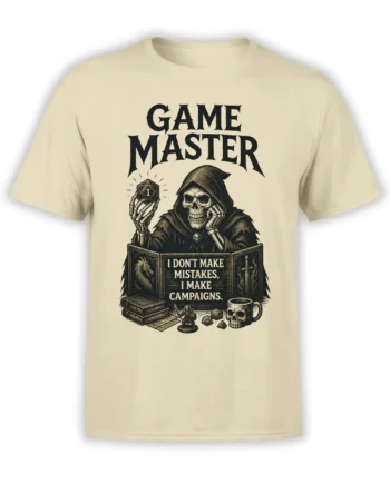Beige game master T-shirt with a hooded skeleton, d20 die, fantasy books, and campaign artwork