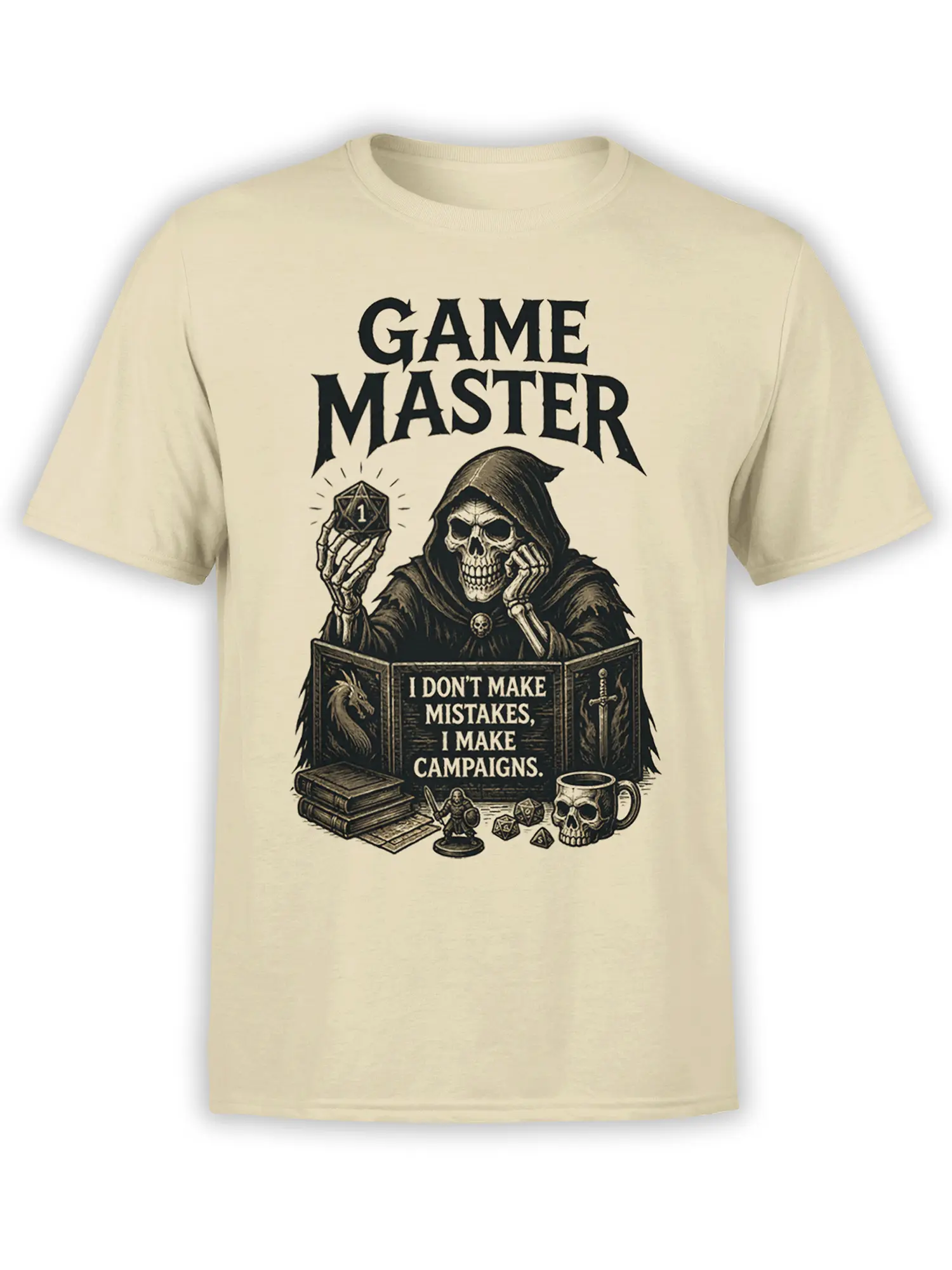 Beige game master T-shirt with a hooded skeleton, d20 die, fantasy books, and campaign artwork