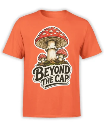 Orange mushroom T-shirt with three red-capped fungi, woodland leaves, and bold “BEYOND THE CAP” lettering