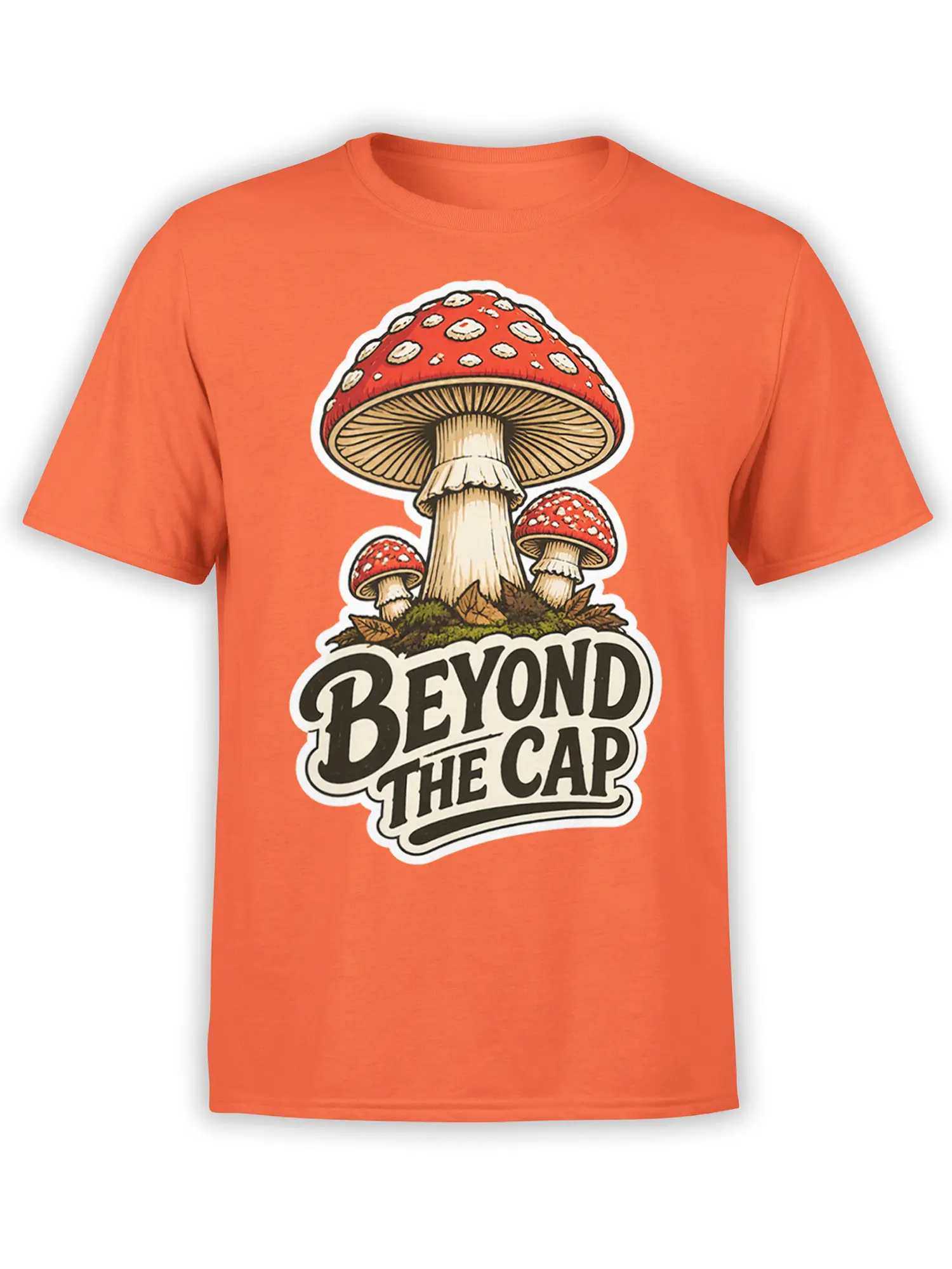 Orange mushroom T-shirt with three red-capped fungi, woodland leaves, and bold “BEYOND THE CAP” lettering