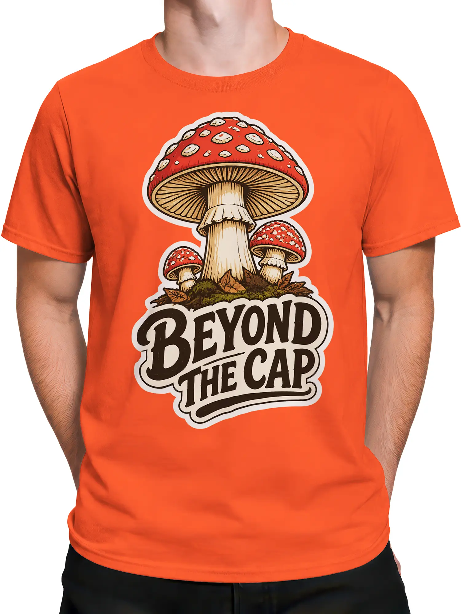 Male torso wearing an orange mushroom T-shirt with red caps, forest details, and bold graphic lettering