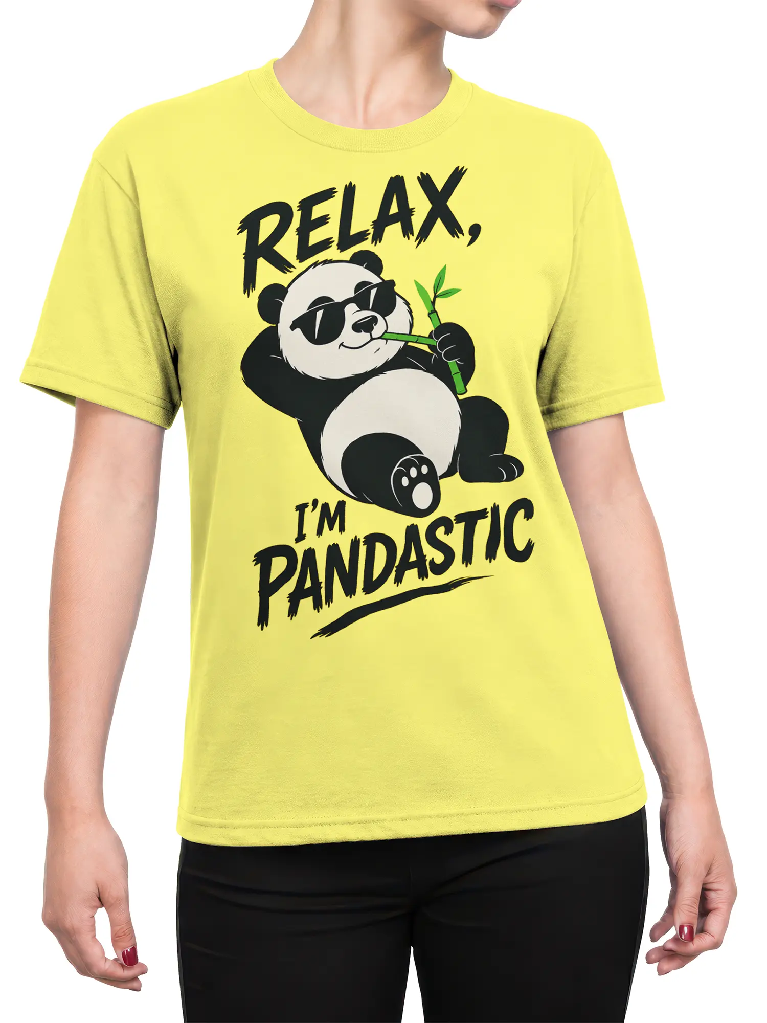 Female torso wearing a yellow panda T-shirt with sunglasses, bamboo, and “Relax, I’m Pandastic” artwork