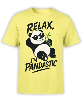 Yellow T-shirt with a relaxed panda in sunglasses, bamboo, and bold “Relax, I’m Pandastic” lettering
