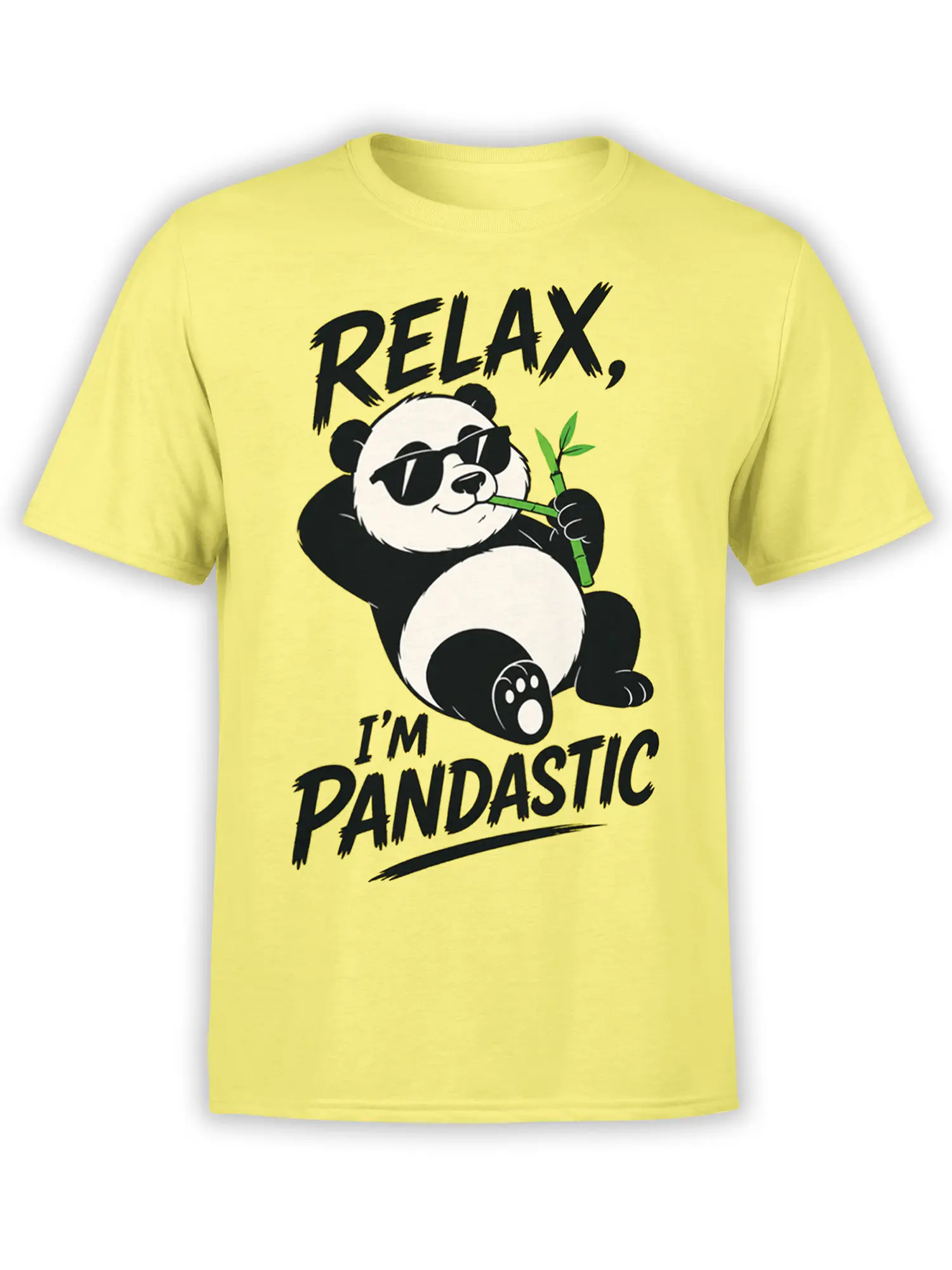 Yellow T-shirt with a relaxed panda in sunglasses, bamboo, and bold “Relax, I’m Pandastic” lettering