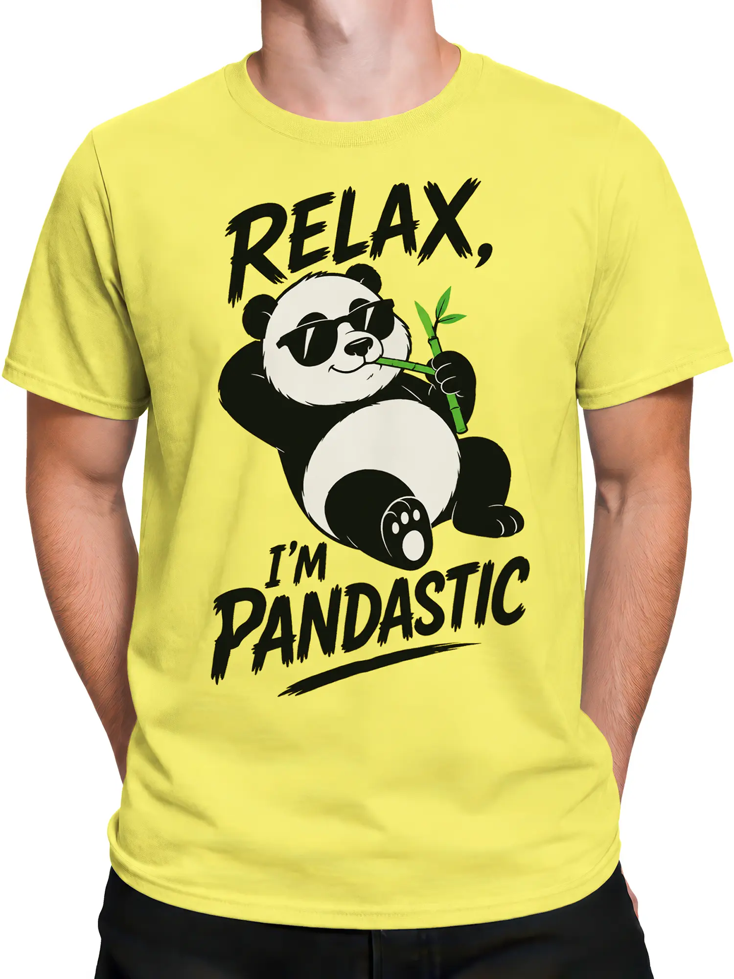 Male torso wearing a yellow panda T-shirt with relaxed sunglasses artwork and bold pandastic lettering