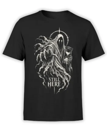 Black ghost T-shirt with hooded spirit, hourglass, skeletal hand, and “STILL HERE” artwork