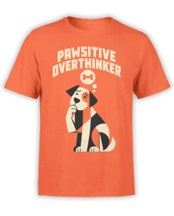 Orange T-shirt with a thoughtful dog graphic, bone thought bubble, and “PAWSITIVE OVERTHINKER” text