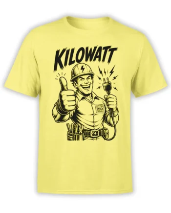 Yellow electrician T-shirt with vintage KILOWATT lettering, lightning bolts, power plug, and tool belt illustration