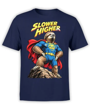 Caped sloth in a blue suit with red cape and “SLOWER HIGHER” graphic on a navy T-shirt