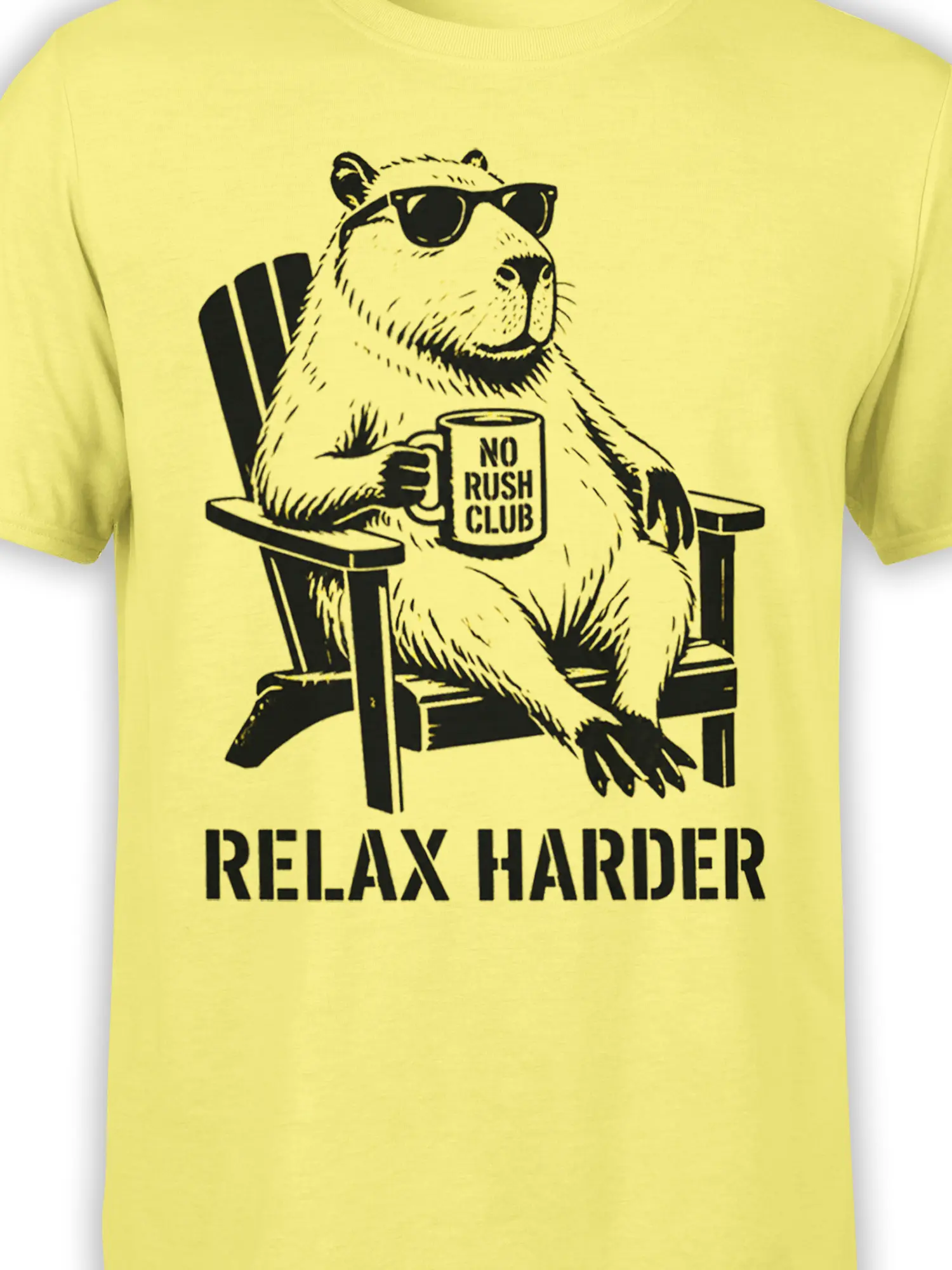 Close-up of relaxed capybara artwork with sunglasses and No Rush Club mug on yellow fabric