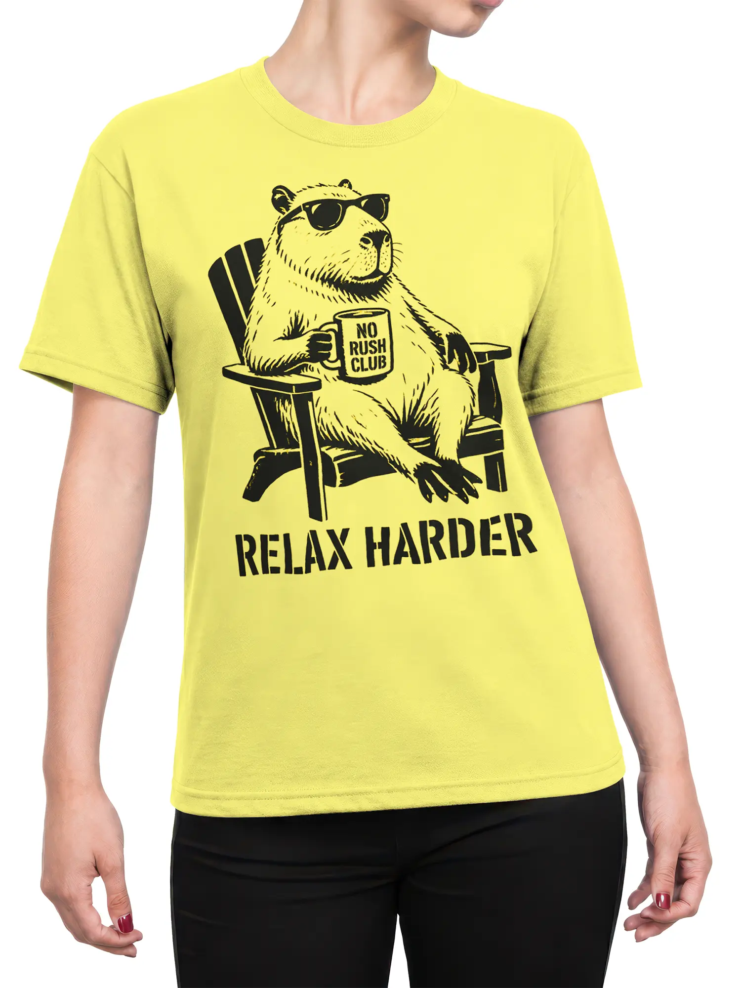 Female torso wearing a yellow capybara graphic tee with sunglasses and Relax Harder lettering