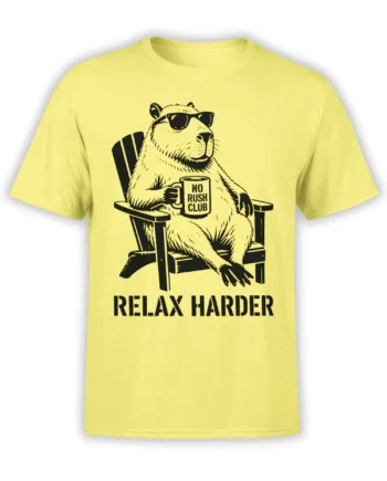 Yellow capybara T-shirt with sunglasses, a No Rush Club mug, and Relax Harder text
