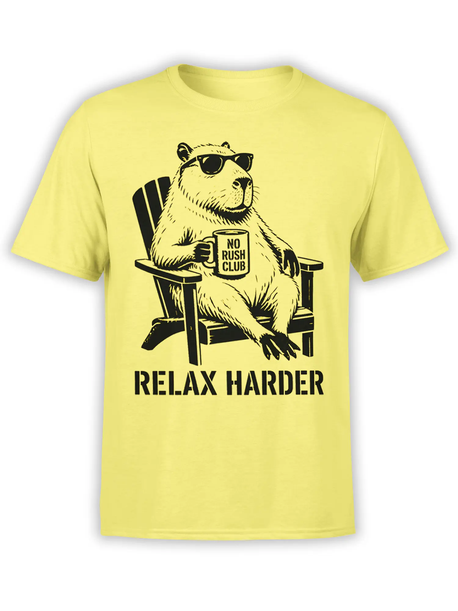 Yellow capybara T-shirt with sunglasses, a No Rush Club mug, and Relax Harder text