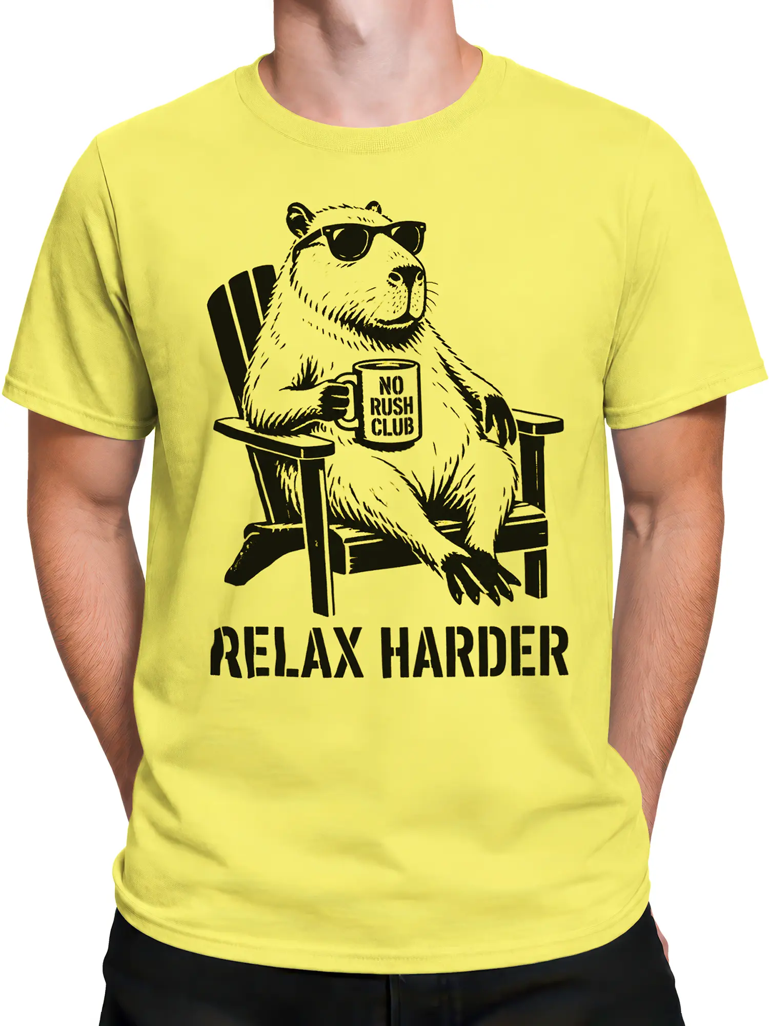 Male torso wearing a yellow capybara T-shirt with No Rush Club mug and Relax Harder text
