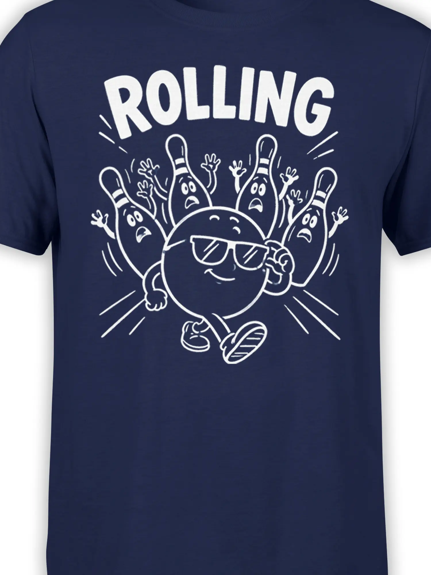 Close-up of a white sunglasses-wearing bowling ball and expressive pins on a navy graphic tee