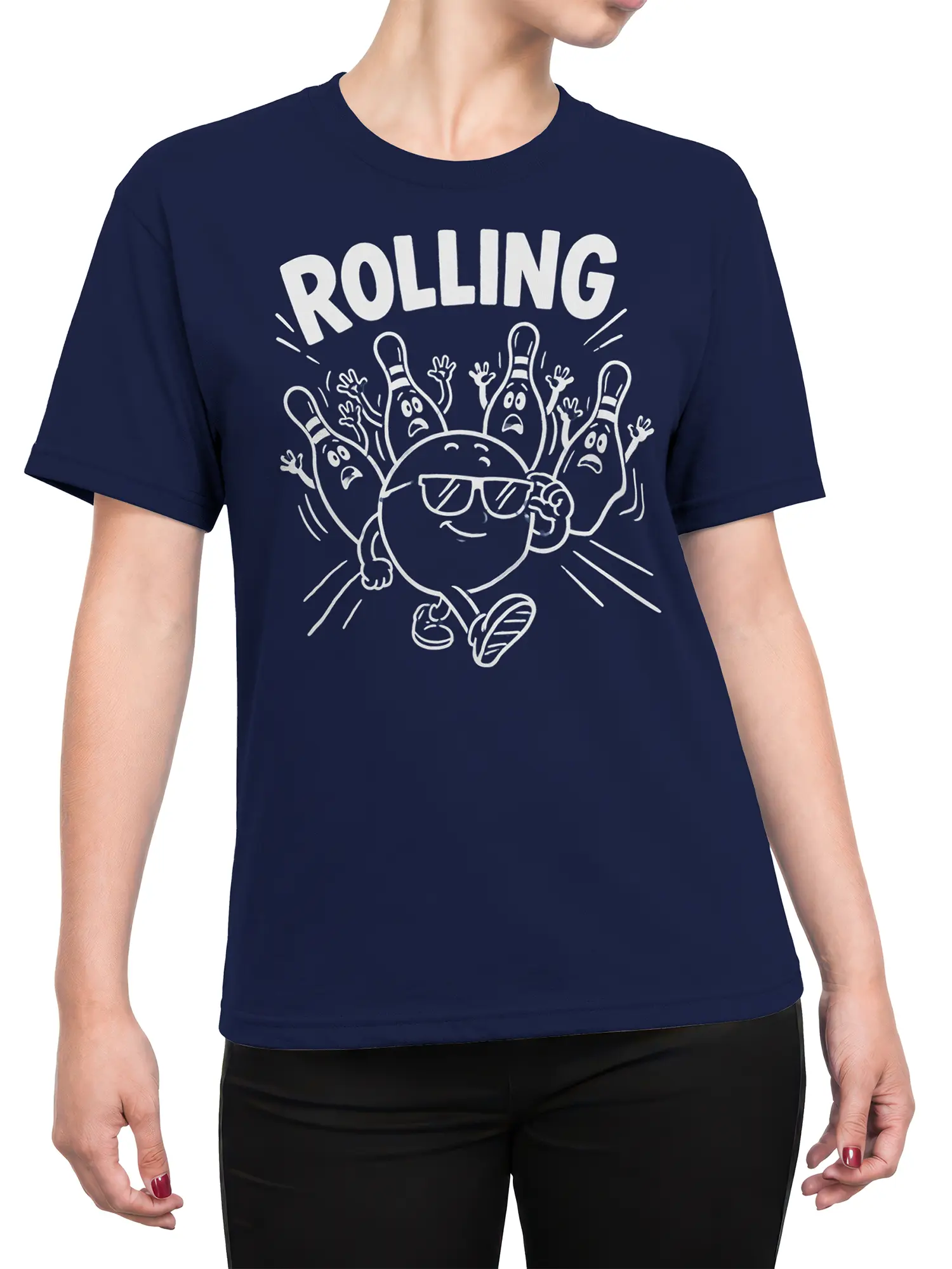 Female torso wearing a navy bowling shirt with a rolling cartoon ball and expressive bowling pins