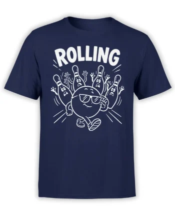 White cartoon bowling ball wearing sunglasses rolls with surprised pins on a navy bowling shirt