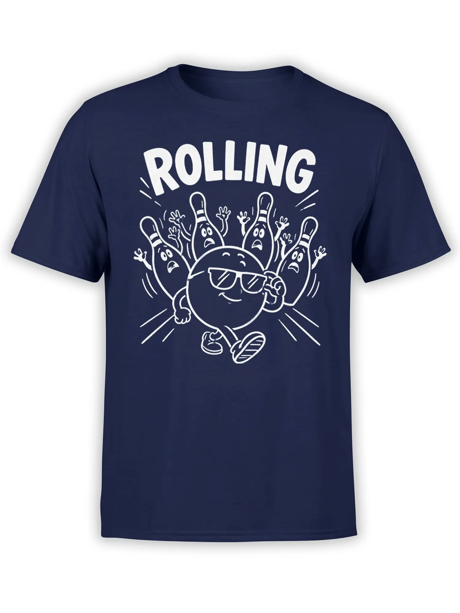 White cartoon bowling ball wearing sunglasses rolls with surprised pins on a navy bowling shirt