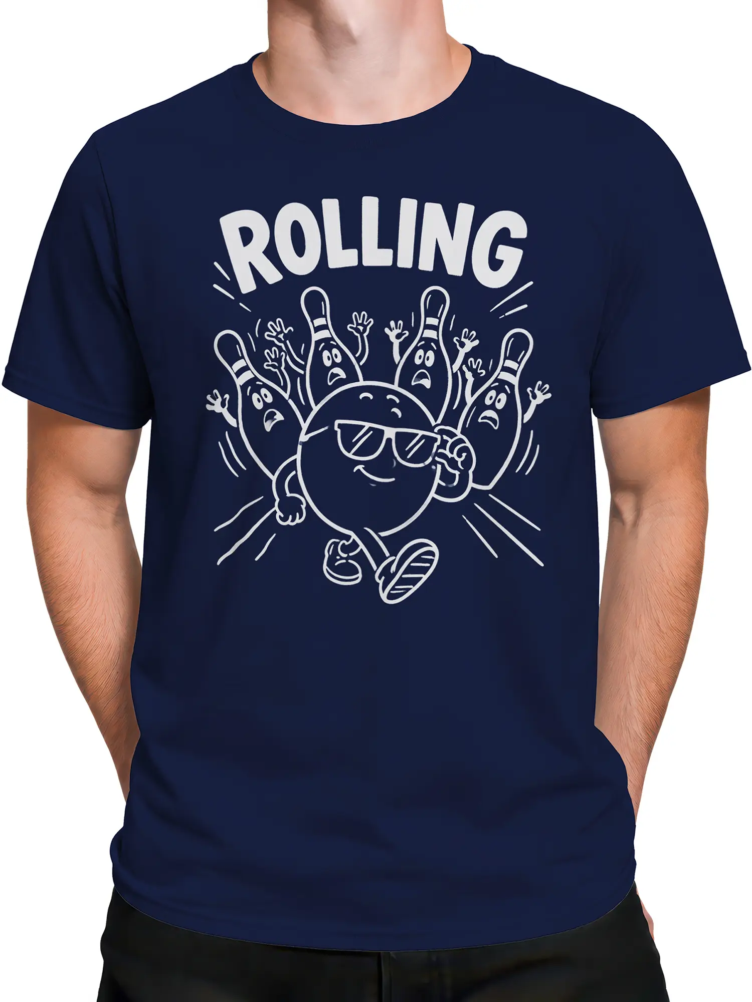 Male torso wearing a navy bowling shirt with a sunglasses-wearing cartoon ball and pins