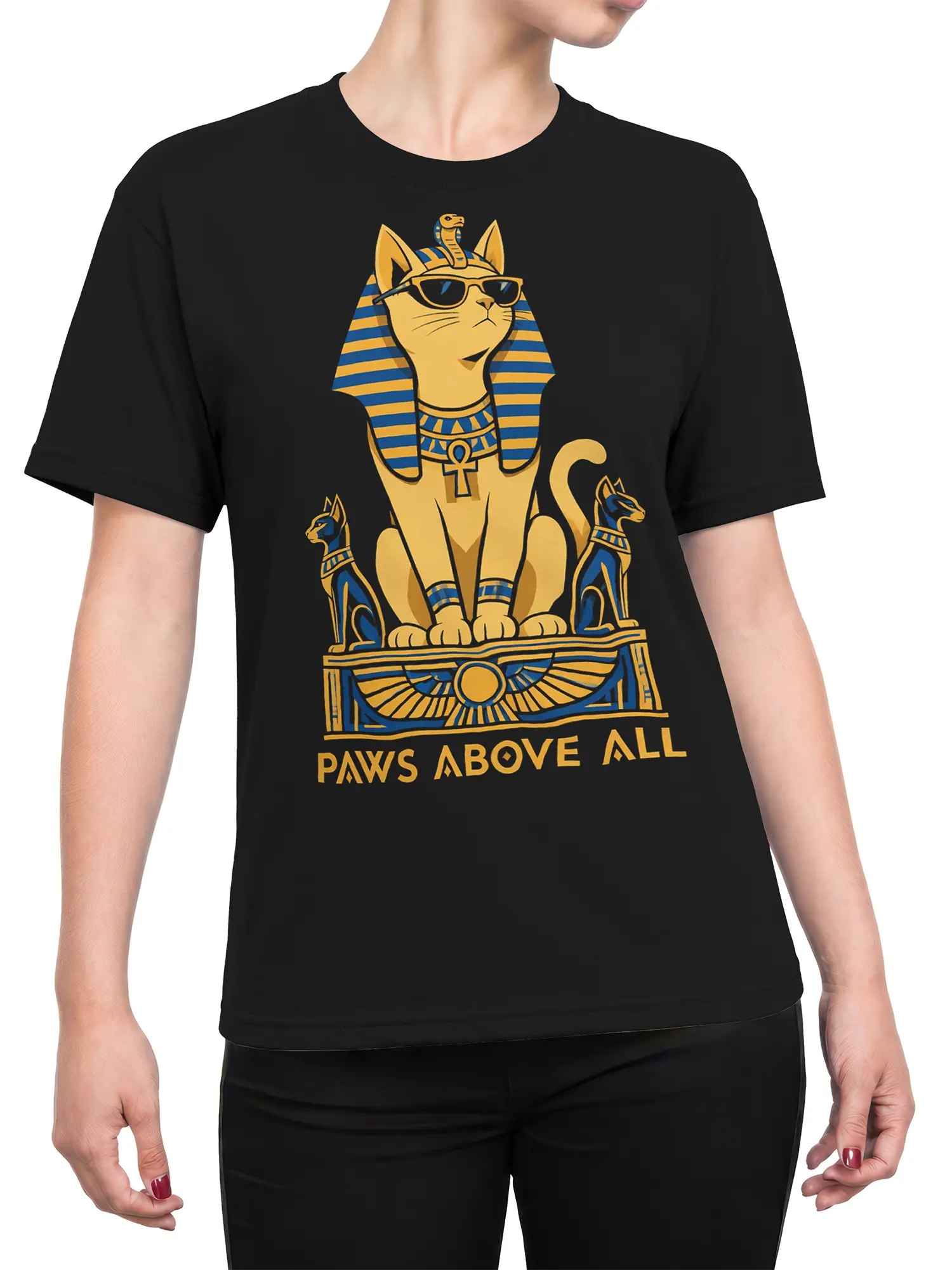 Female torso wearing a black Egyptian-inspired cat graphic T-shirt with blue and gold Paws Above All artwork
