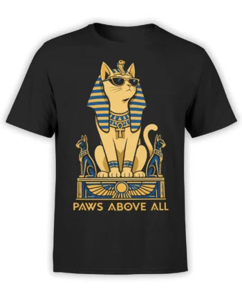 Black cat graphic T-shirt with Egyptian-inspired blue and gold artwork and Paws Above All slogan