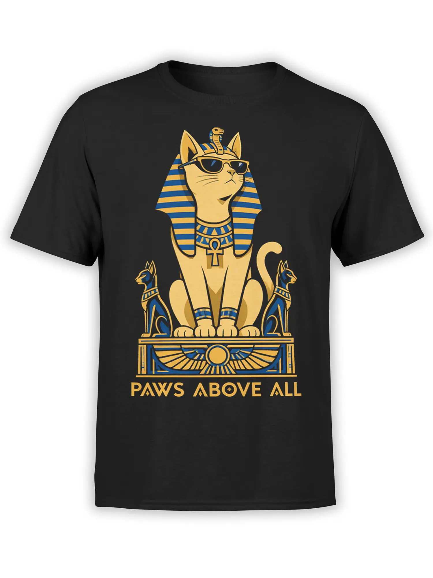 Black cat graphic T-shirt with Egyptian-inspired blue and gold artwork and Paws Above All slogan