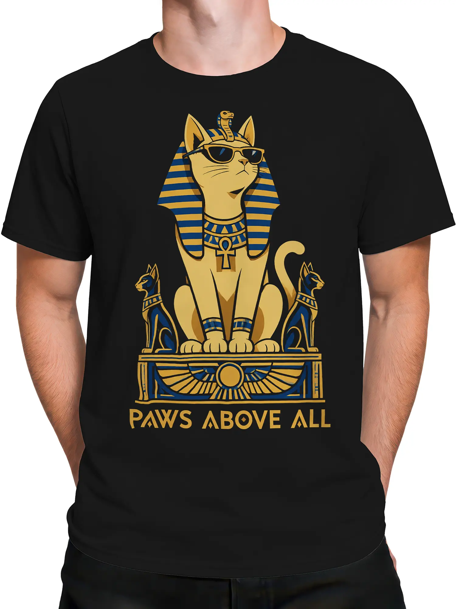 Male torso wearing a black cat graphic T-shirt with Egyptian-inspired blue and gold artwork