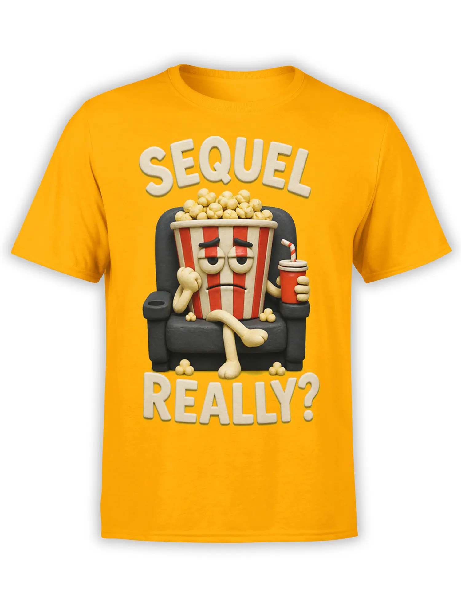 Yellow popcorn T-shirt with a weary snack bucket, red drink, theater chair, and “SEQUEL REALLY?” text