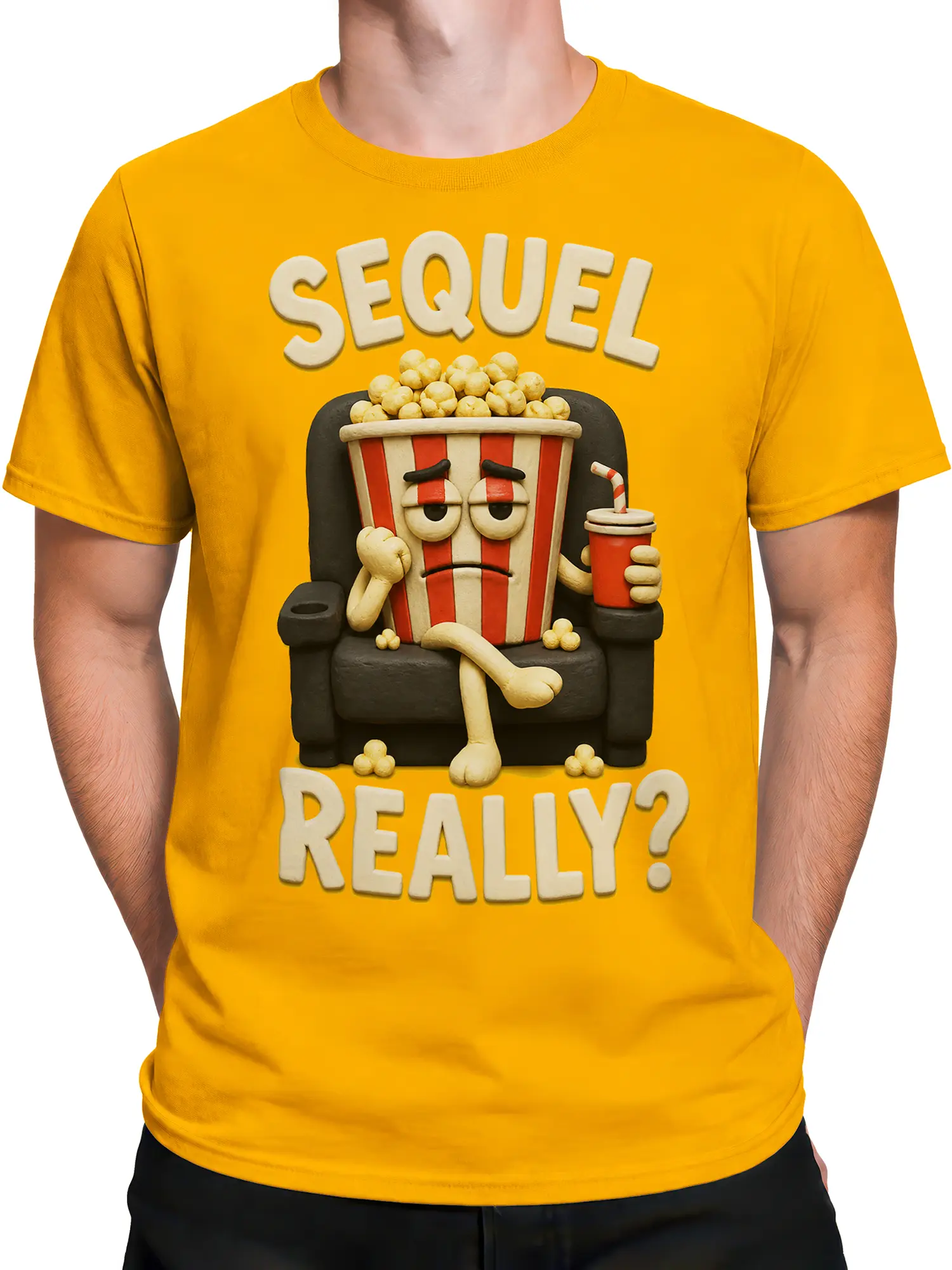 Male torso wearing a yellow popcorn T-shirt with a tired snack bucket and sarcastic sequel lettering