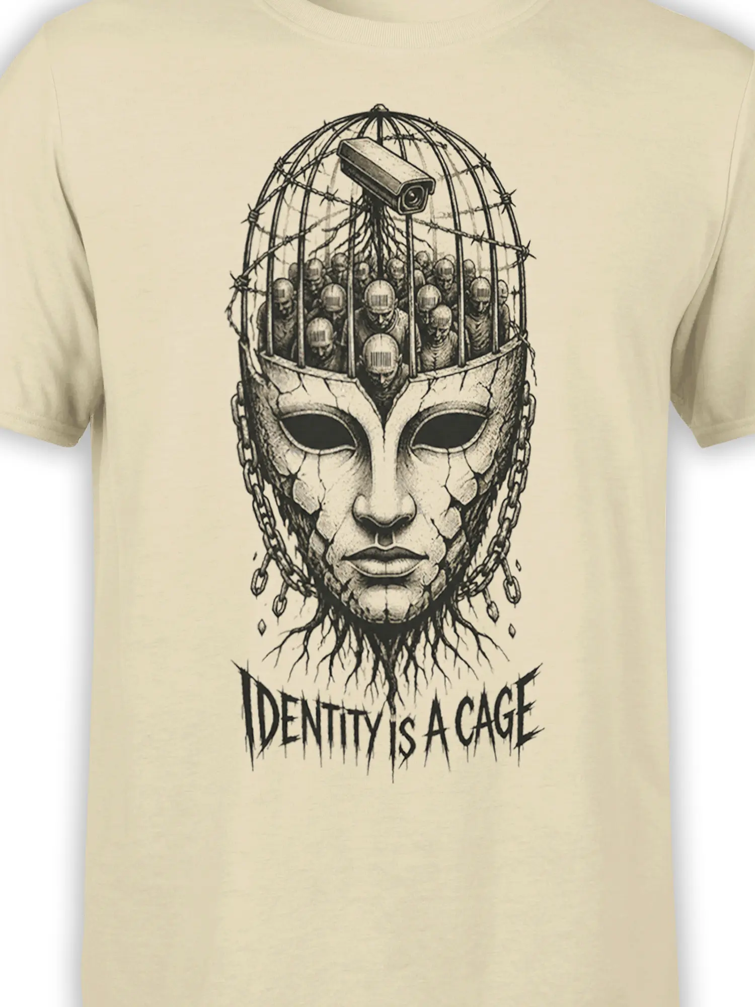 Close-up of cracked face, chained edges, captive figures, and surveillance camera on beige graphic T-shirt
