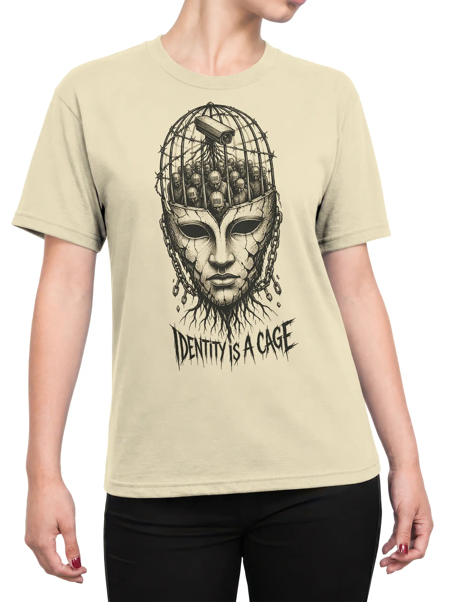Female torso wearing beige T-shirt with cracked face cage and surveillance artwork