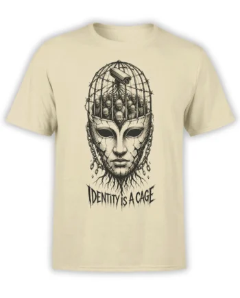 Beige T-shirt with cracked face, captive figures, surveillance camera, chains, and “Identity Is a Cage” artwork