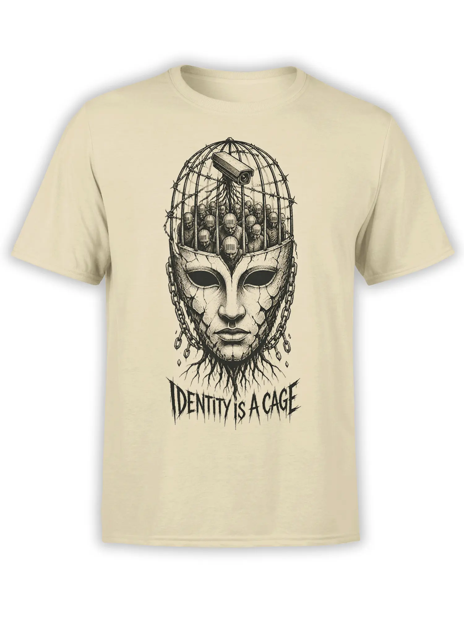 Beige T-shirt with cracked face, captive figures, surveillance camera, chains, and “Identity Is a Cage” artwork