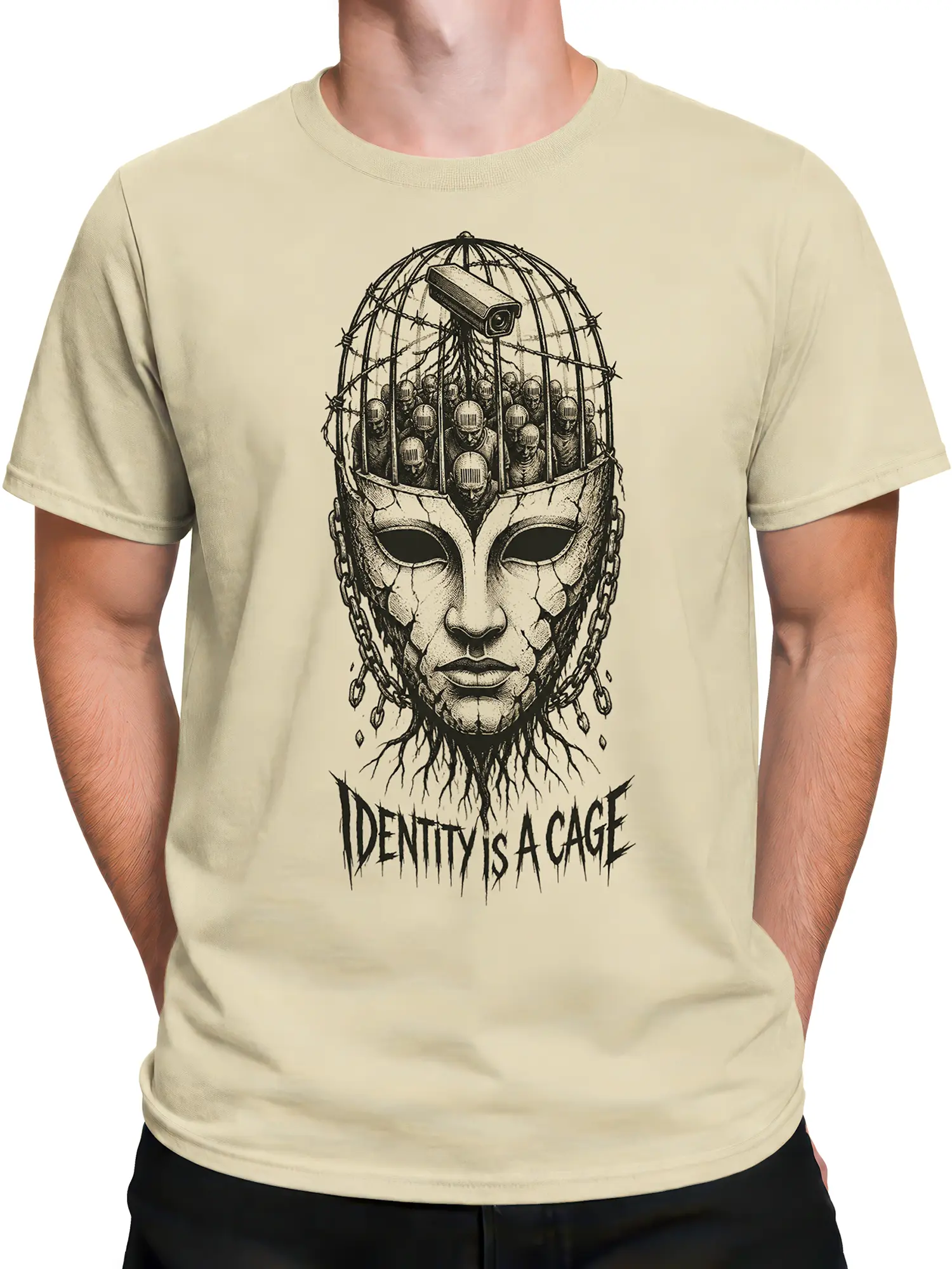 Male torso wearing beige surveillance graphic T-shirt with cracked face and cage artwork