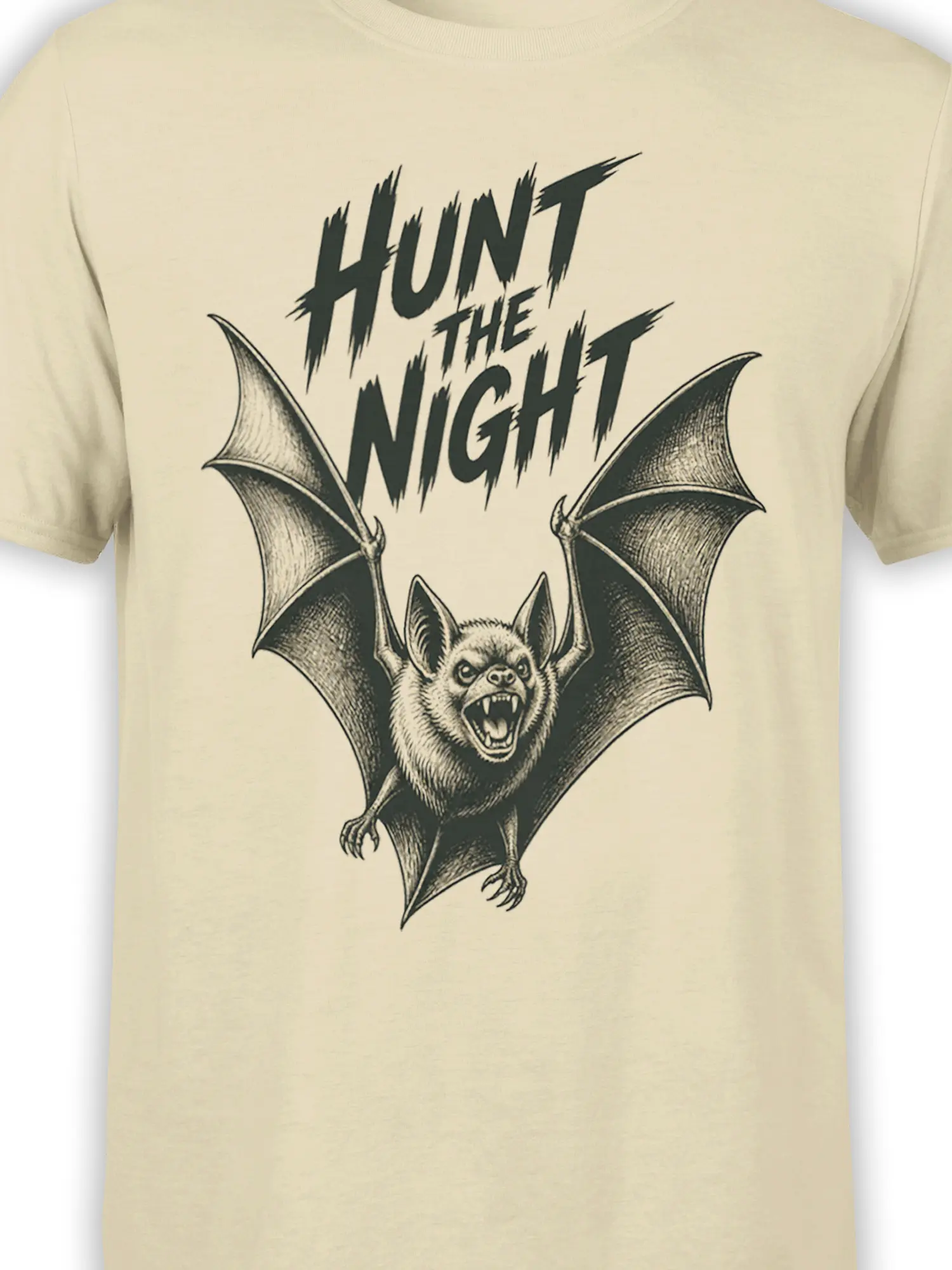 Close-up of fierce vintage bat artwork and distressed Hunt the Night text on a beige shirt