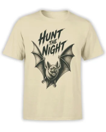 Beige bat graphic tee with a fierce winged bat and bold distressed Hunt the Night lettering