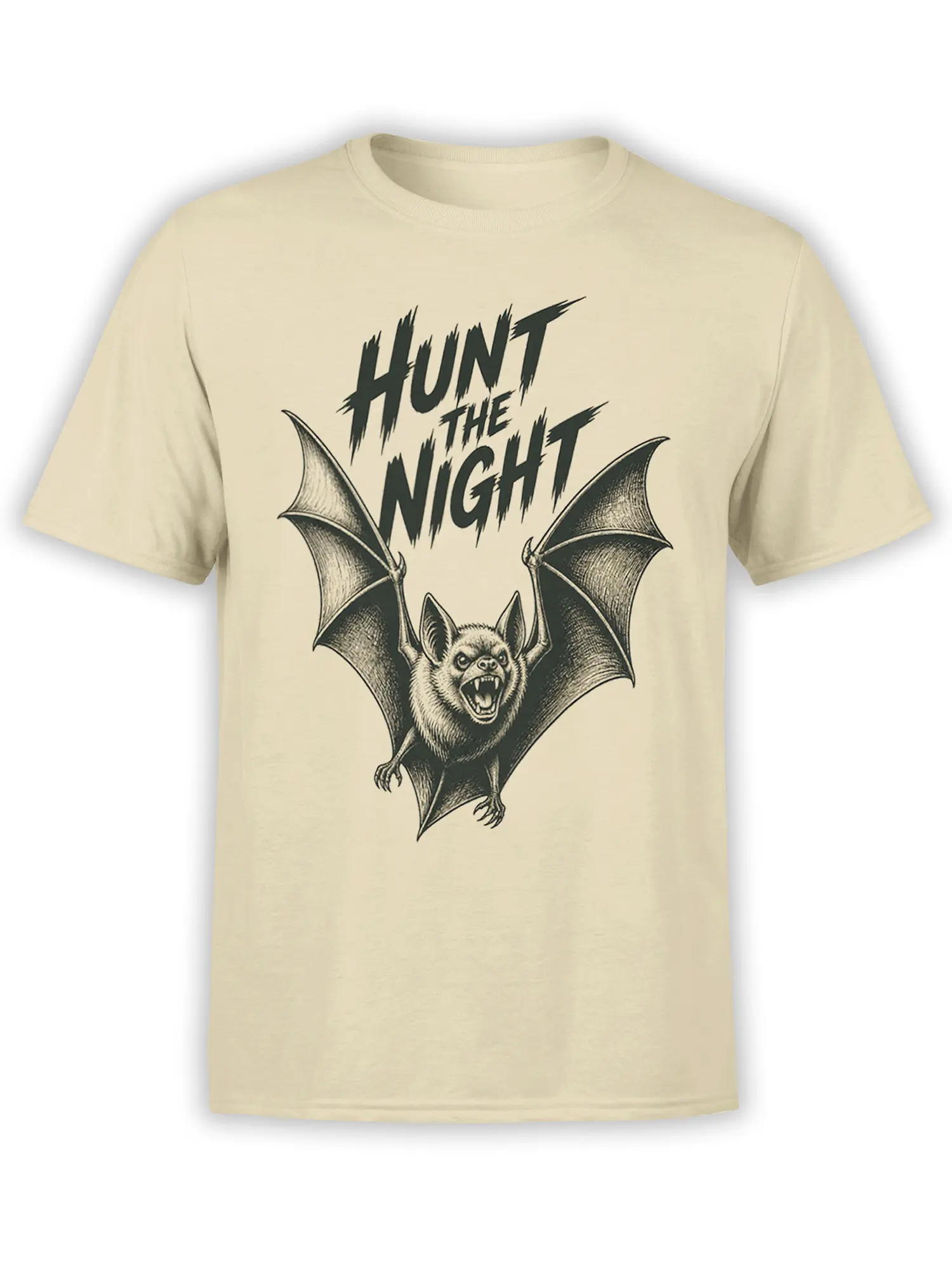 Beige bat graphic tee with a fierce winged bat and bold distressed Hunt the Night lettering