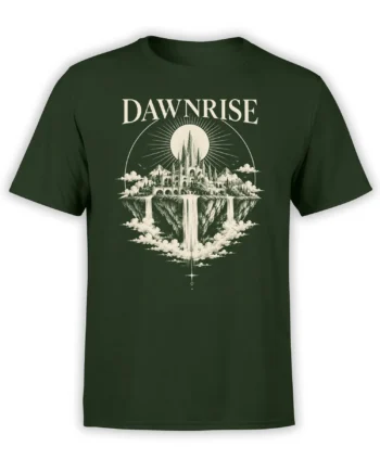 Dark green fantasy T-shirt featuring a floating castle, mountains, waterfalls, clouds, and DAWNRise lettering