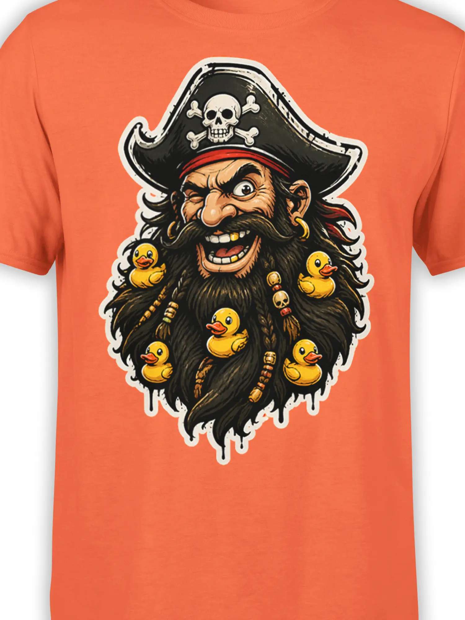 Close-up of pirate captain graphic with yellow rubber ducks on an orange t-shirt