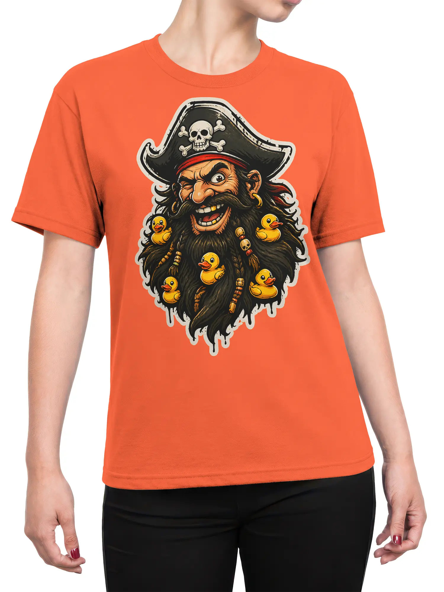 Female torso wearing an orange pirate t-shirt with a bearded captain and rubber duck graphic