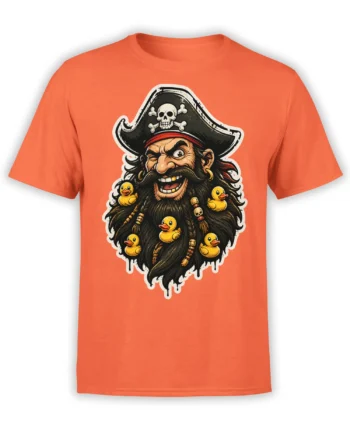Orange pirate t-shirt with a bearded captain, skull hat, and five yellow rubber ducks