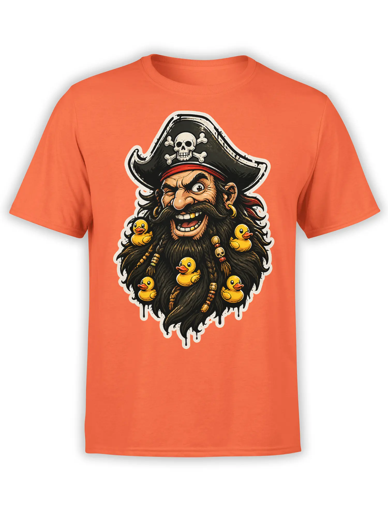 Orange pirate t-shirt with a bearded captain, skull hat, and five yellow rubber ducks