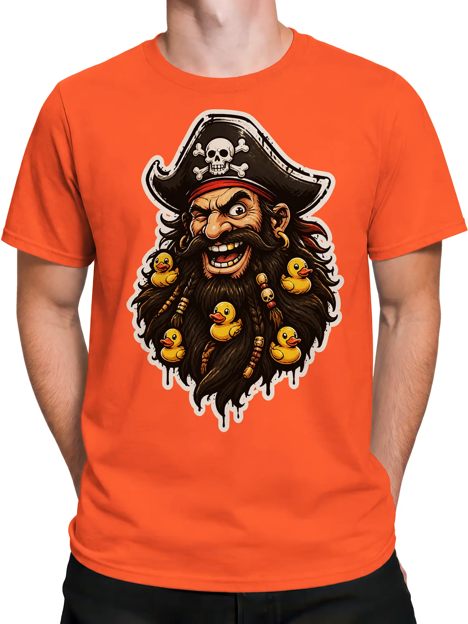 Male torso wearing an orange pirate t-shirt with a skull hat and rubber duck artwork
