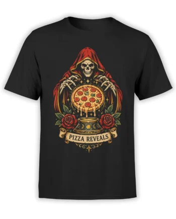 Black shirt with hooded grim reaper revealing a pepperoni pizza in a gothic graphic